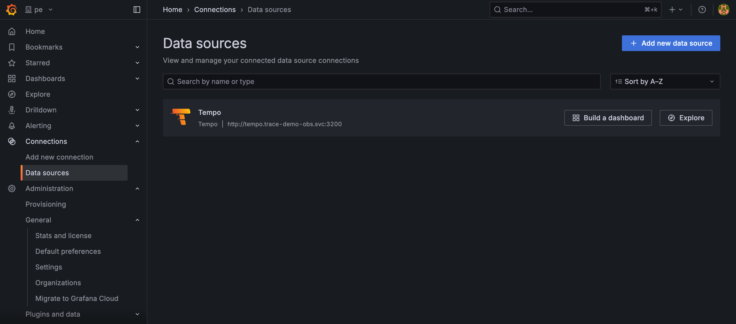 A tenant organisation's data source list, holding a single Tempo data source.