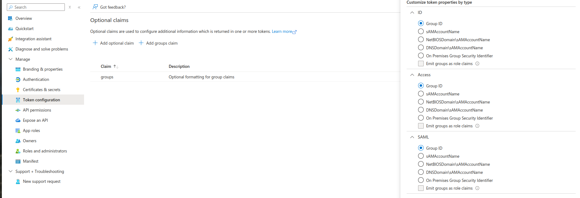 App Registrations setup showing how the group ID claim was added.