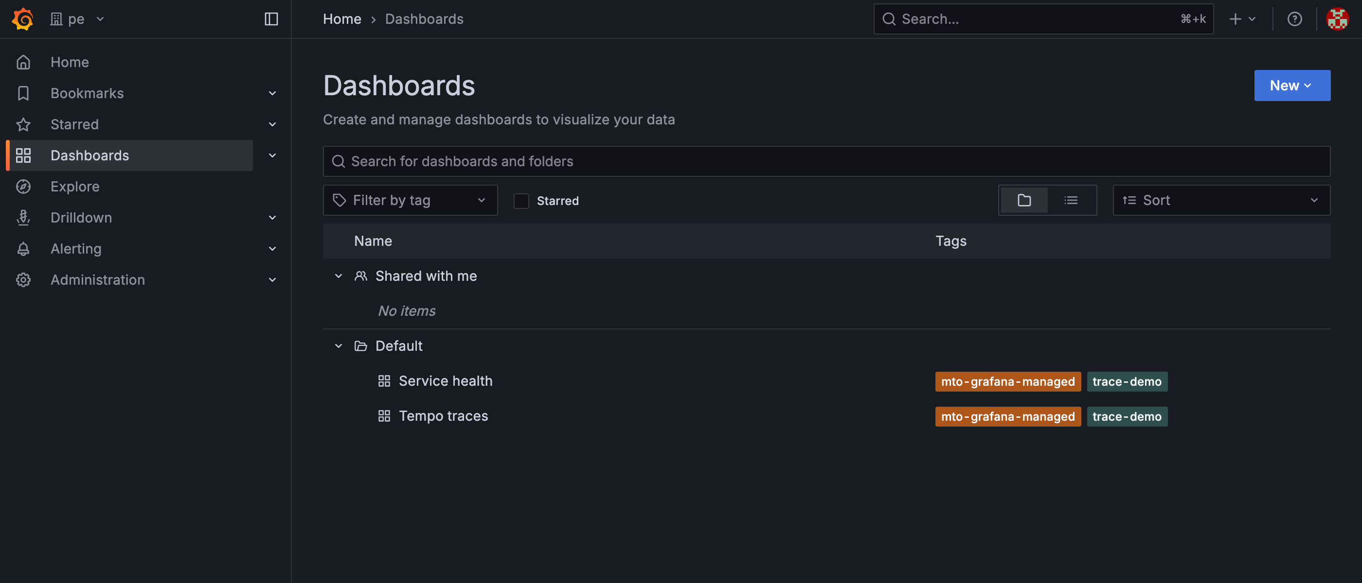 A tenant organisation's dashboard list, showing its own two dashboards in the Default folder, tagged as operator-managed.