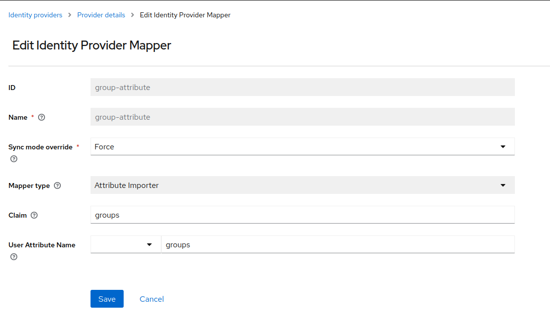 Keycloak IDP Mapper showing how the group IDs claim is mapped to the user attribute.