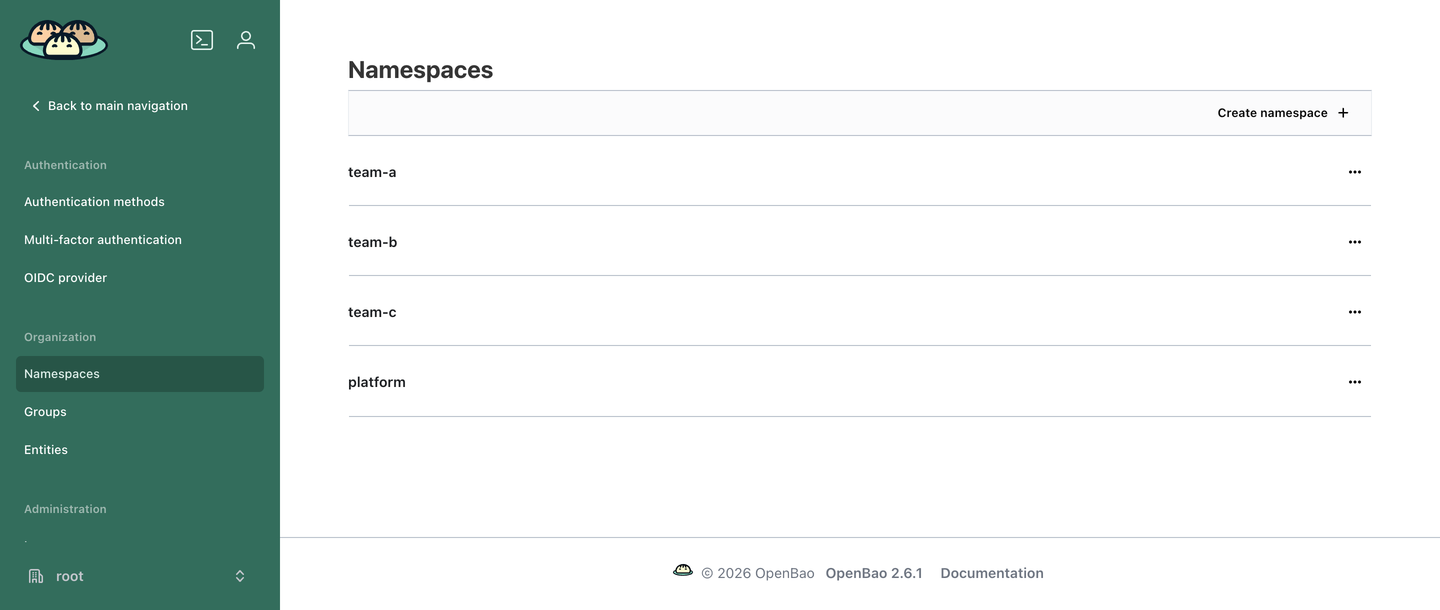 The OpenBao namespace list: one namespace per tenant, plus the platform namespace.