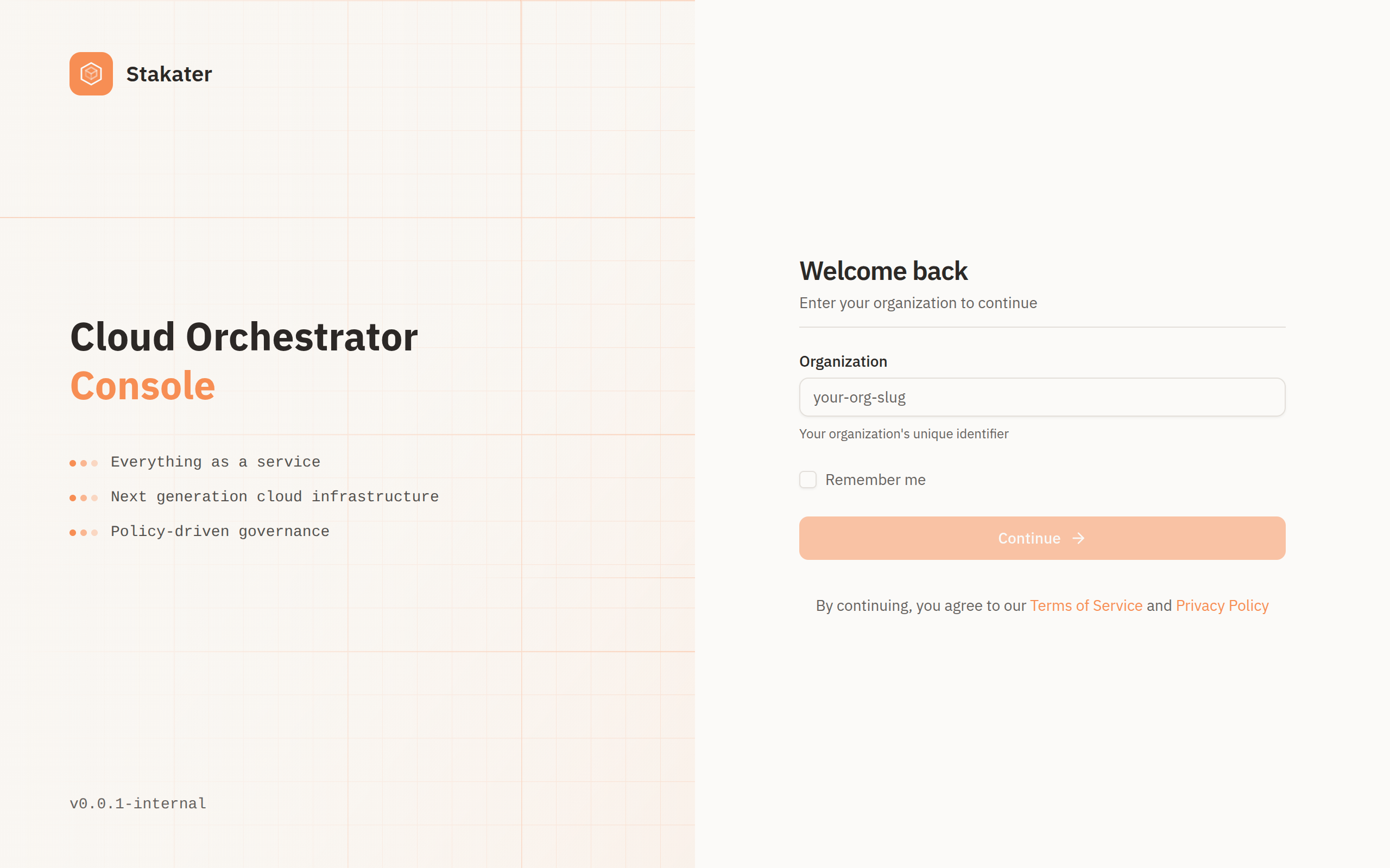 The console sign-in screen with the organisation field