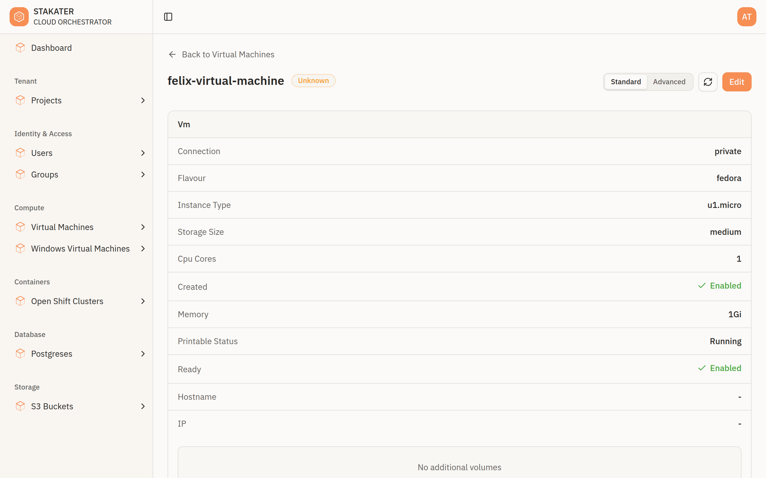 A virtual machine detail page in Standard mode