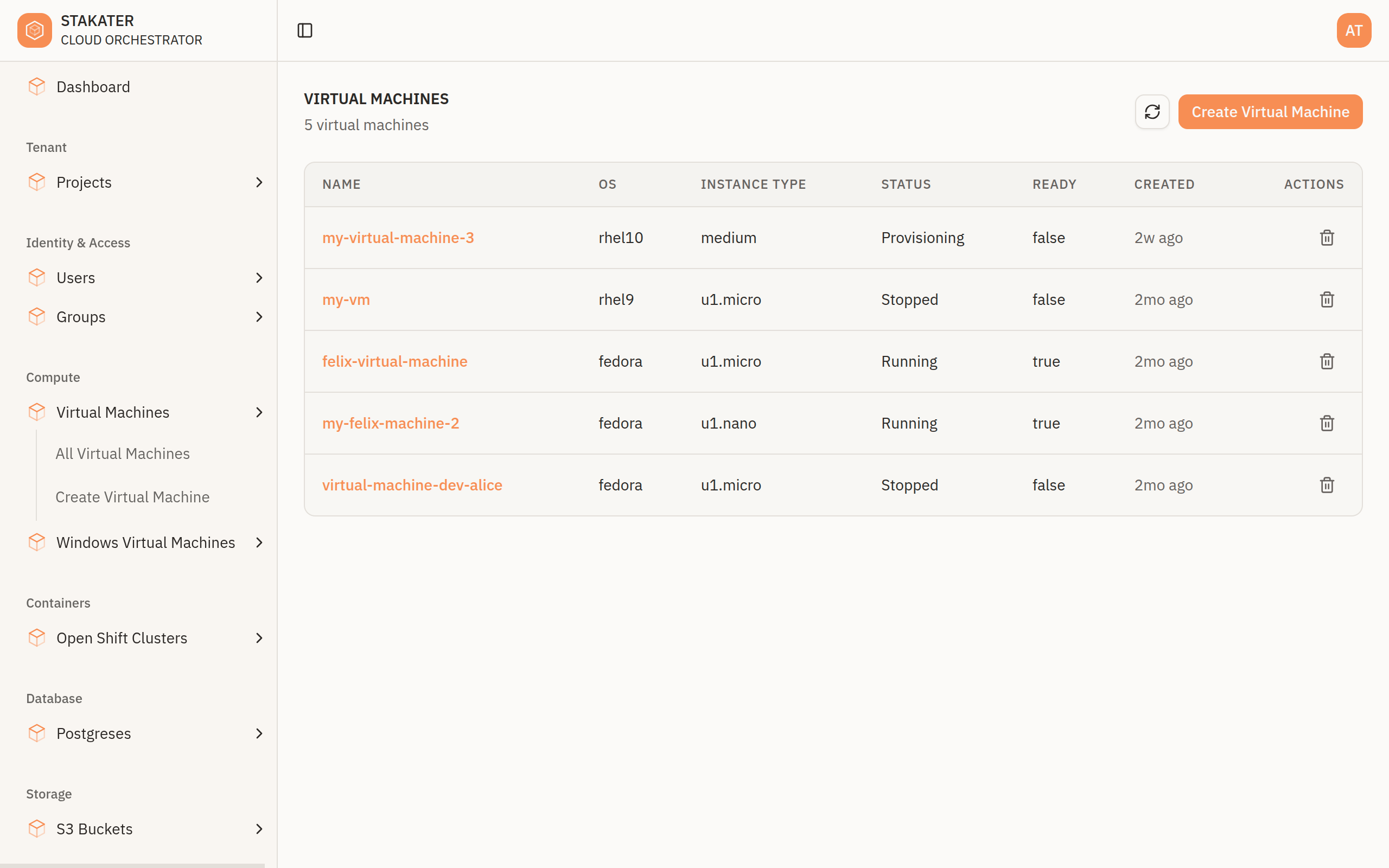A virtual machine list with status and a Create button