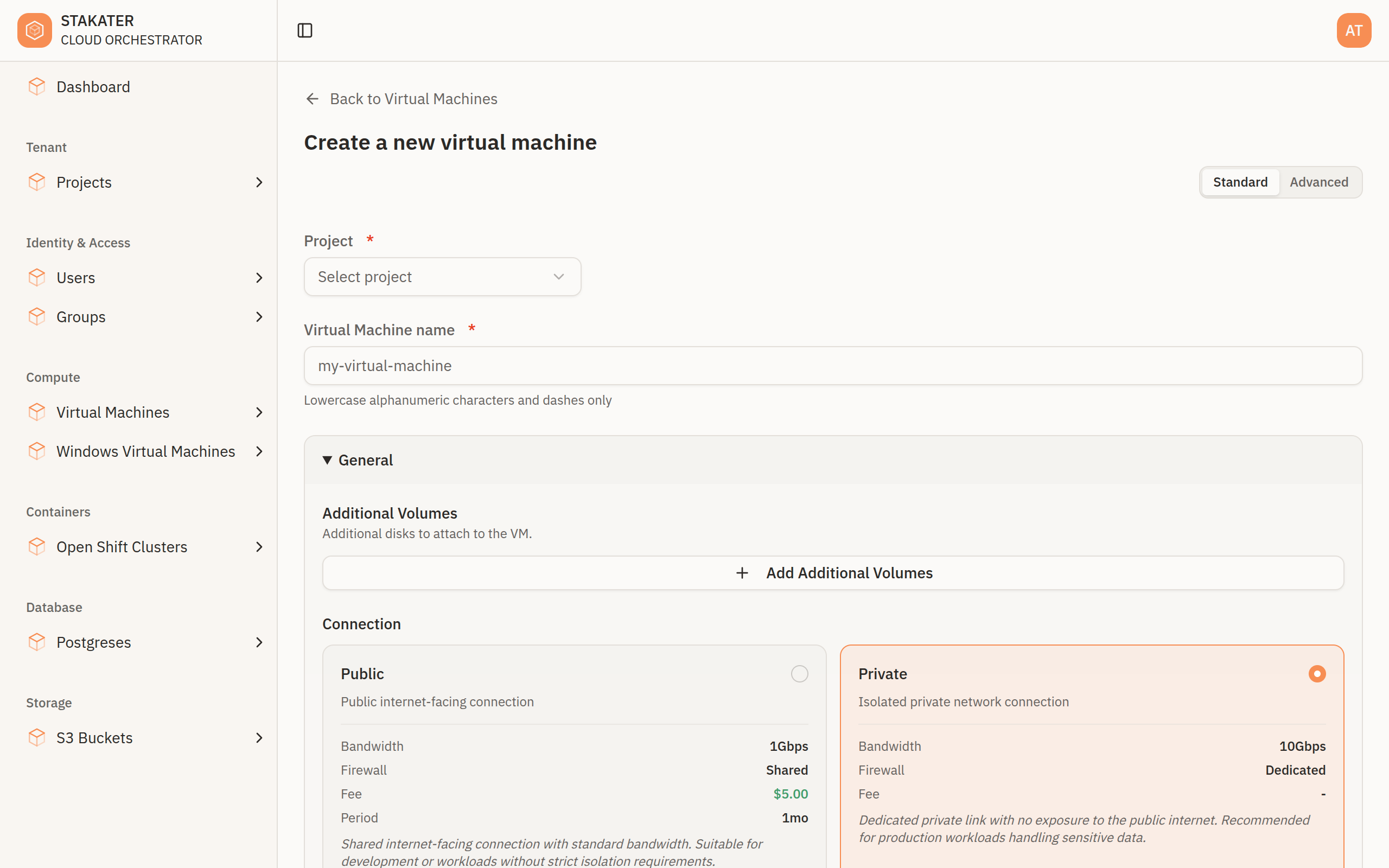 A create form in Standard mode, with the Standard and Advanced toggle