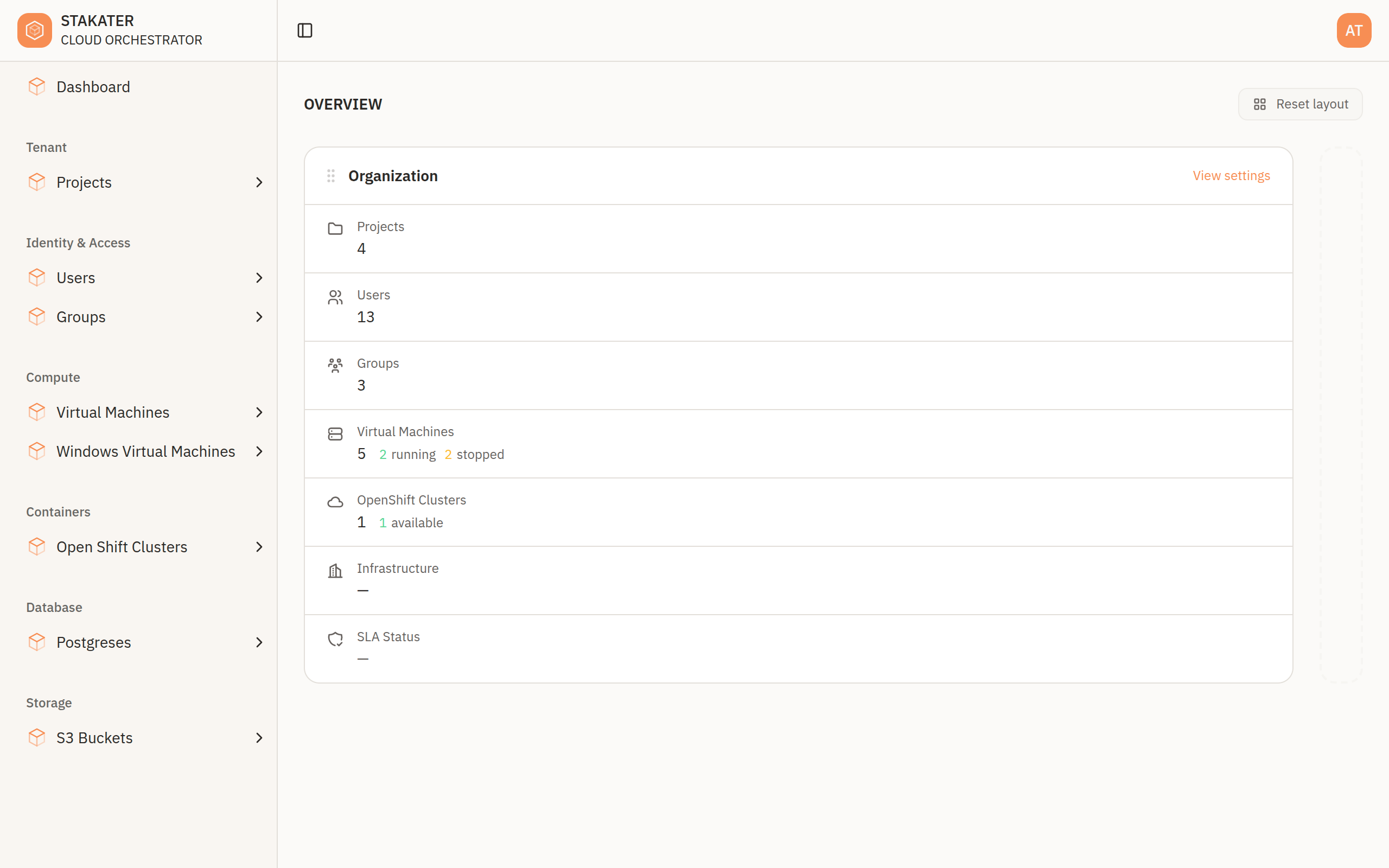 The SCO console after sign-in