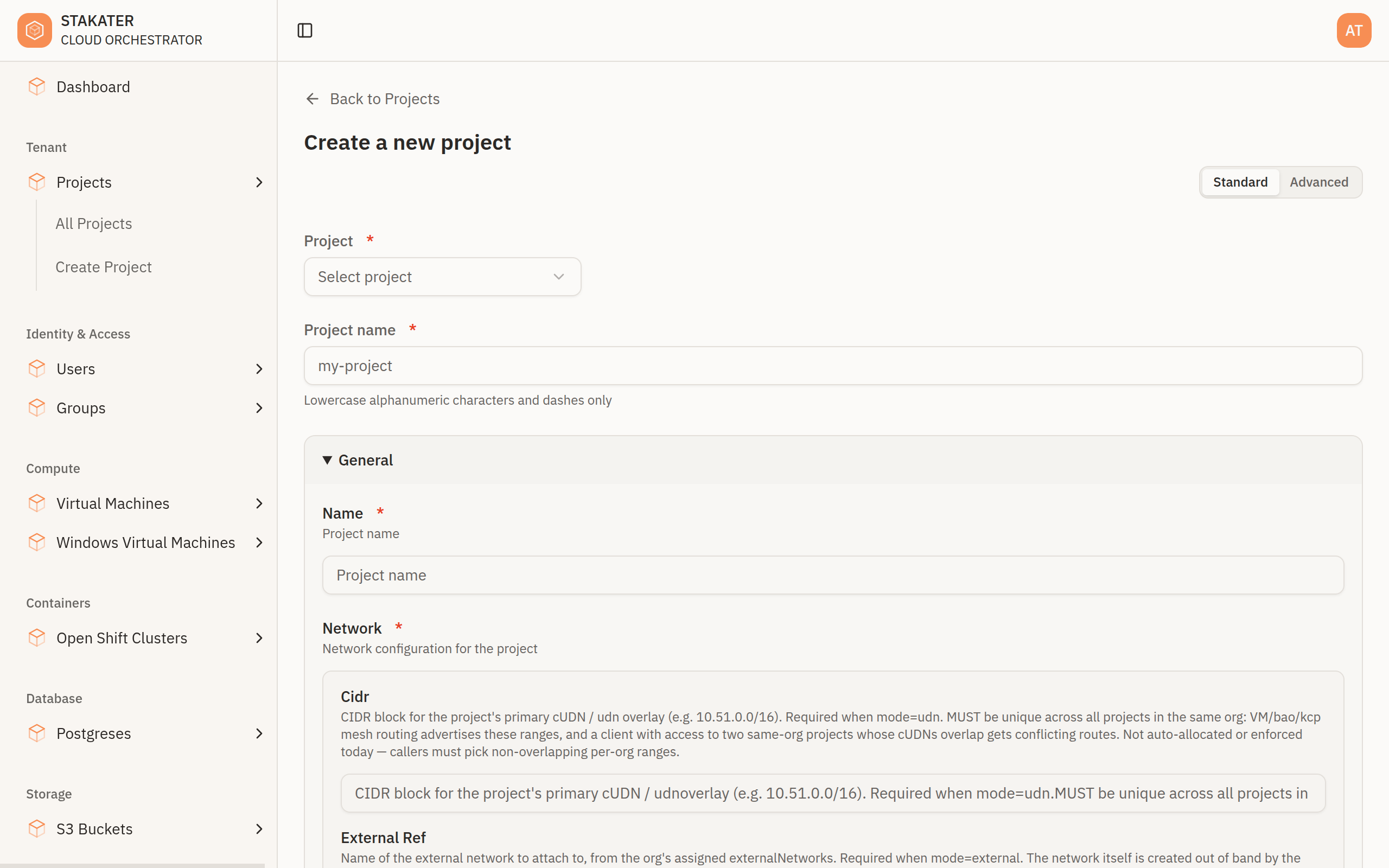 The Create Project form