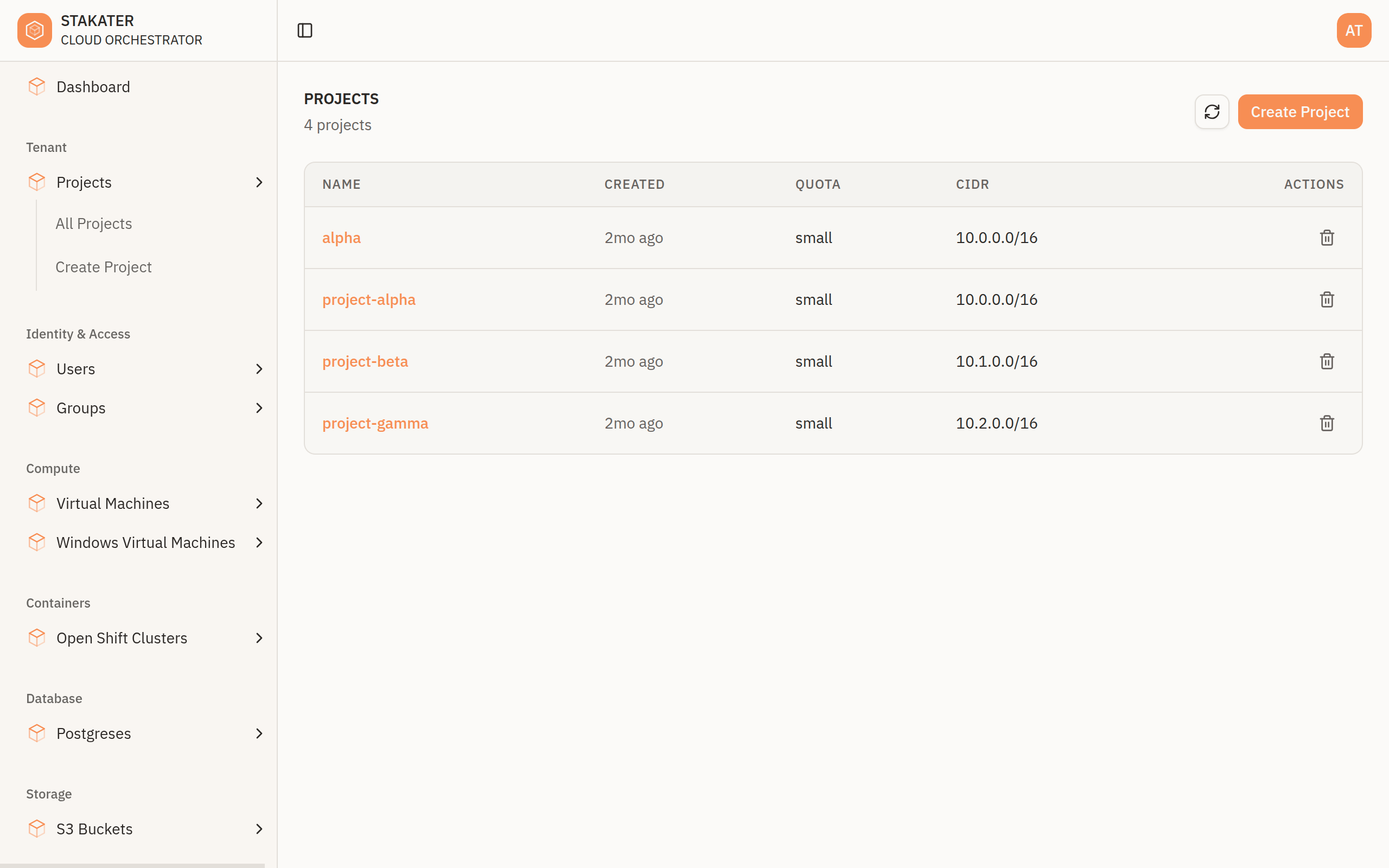 The Projects list