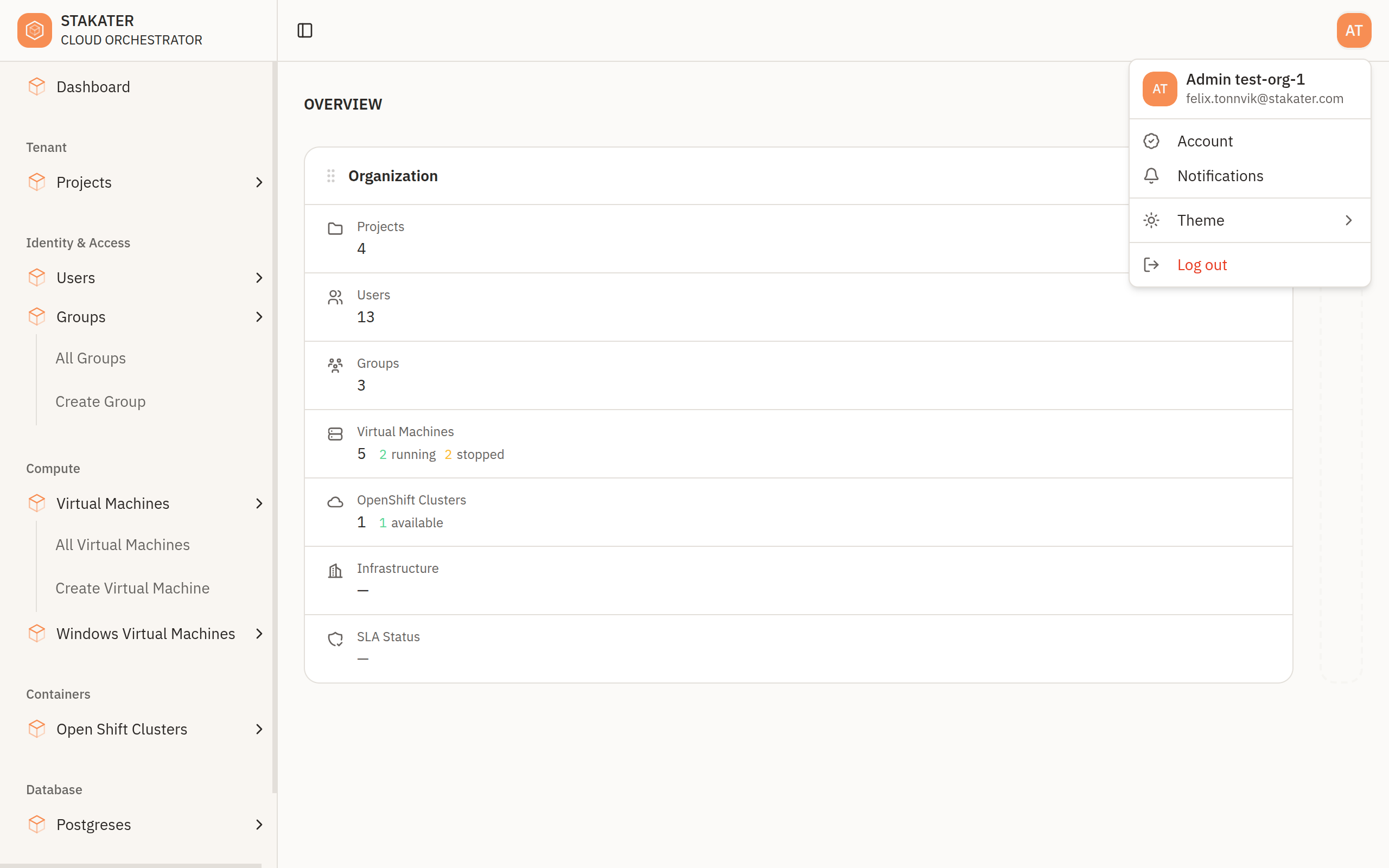 The account menu in the top bar